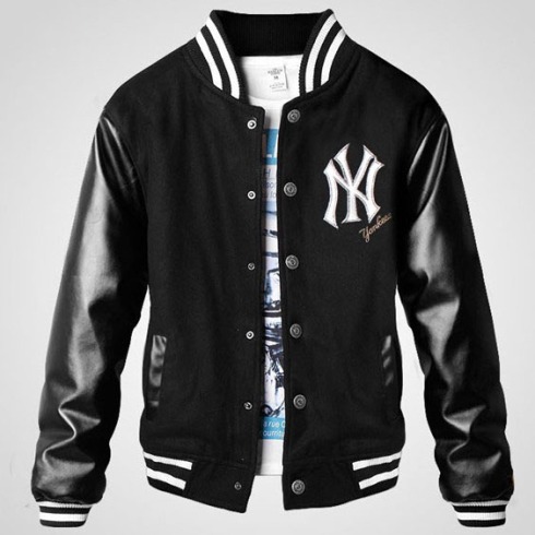   NY Yankee thicken Mens Letterman jacket Black Leather Sleeve